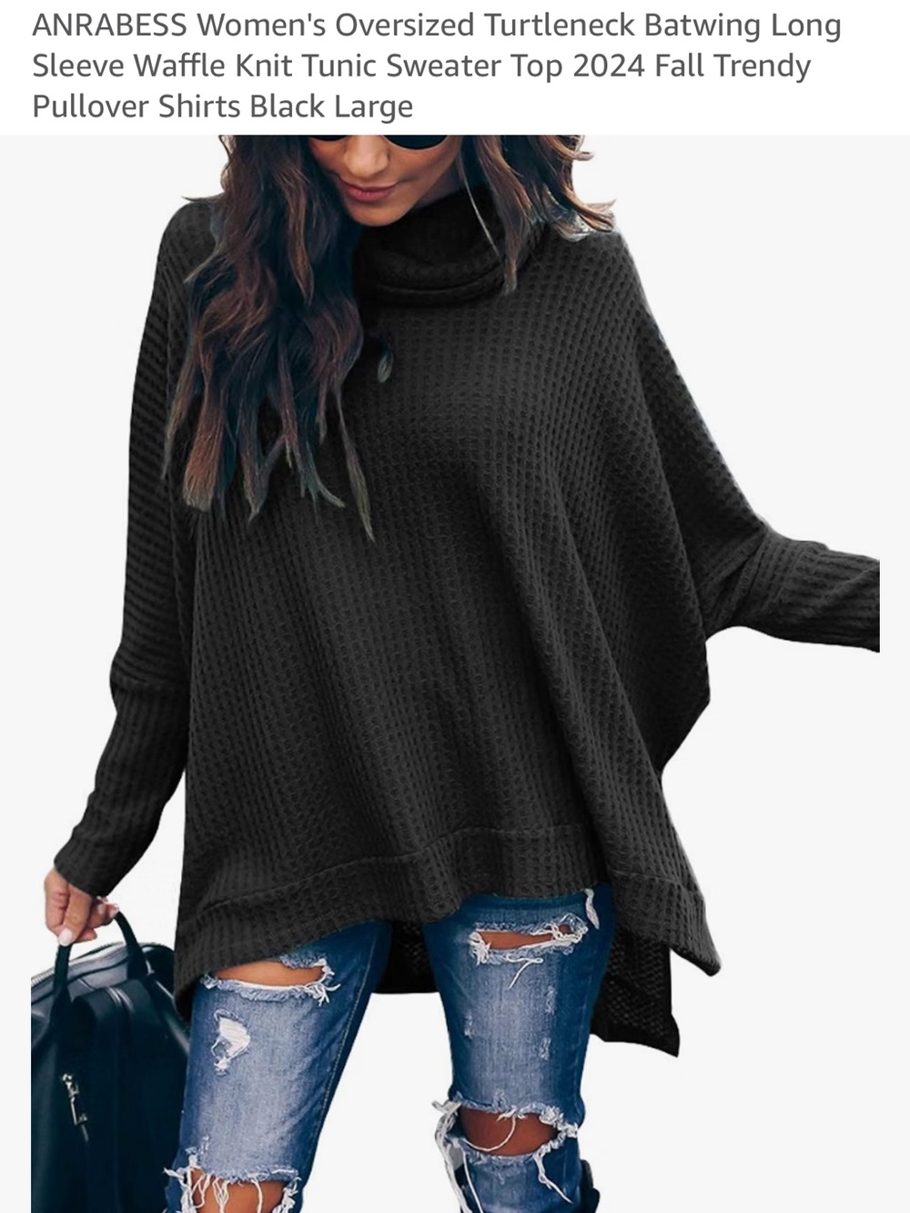 ANRABESS Black Oversized Turtleneck Waffle Knit Sweater